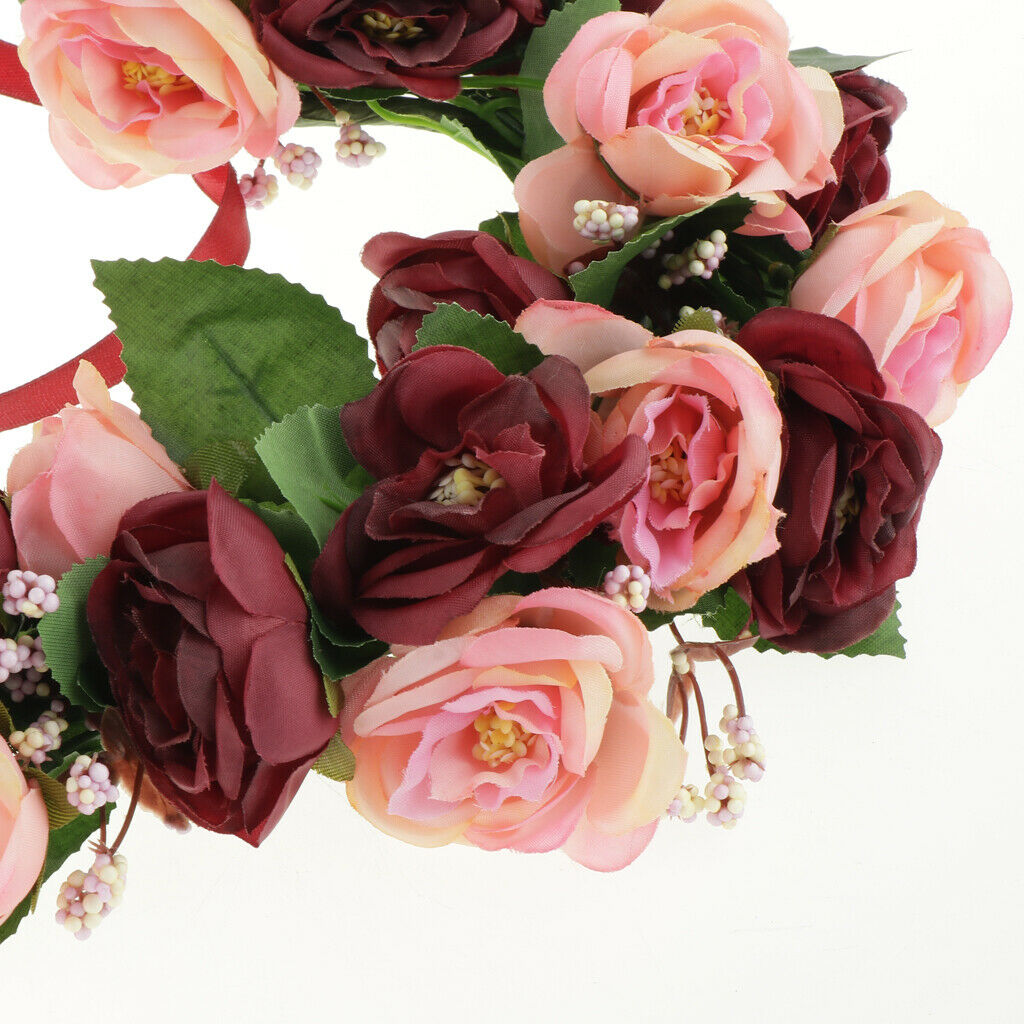 Artificial Rose Wreath Heart Shaped Wreath with Red Silk Ribbon, Wine Red Rose