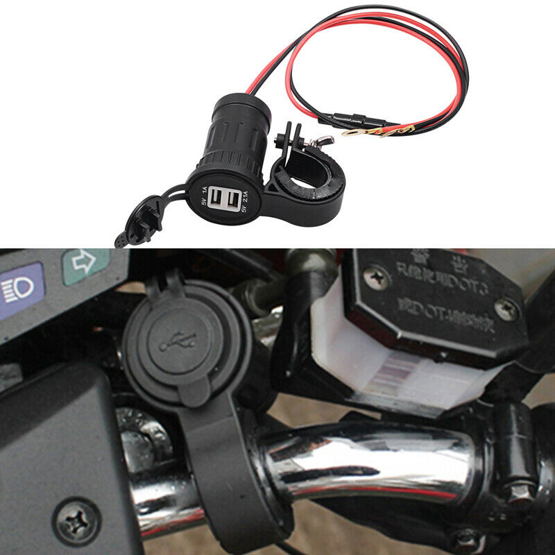 Dual USB 12V /24V Motorcycle Handlebar Charger Socket w/ Mounts Clamp Waterproof