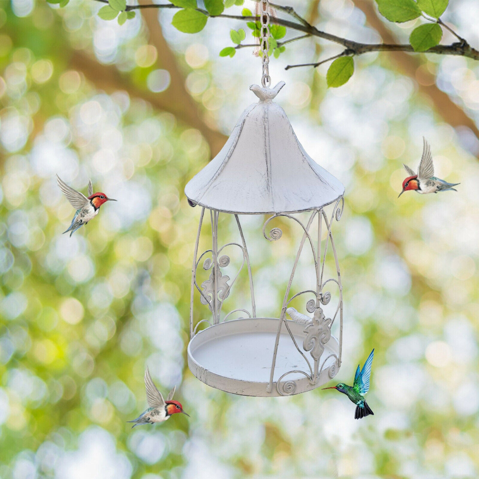 Iron Round Bird Feeder Tray Hanging Outside Yard Garden Decor