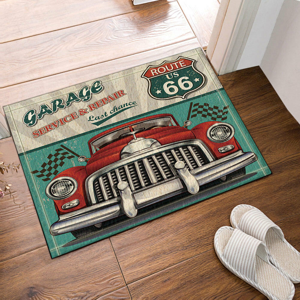 Red Car And Route US 66 Printed Bath Rug Non-Slip Indoor Front Door Mat 16x24"