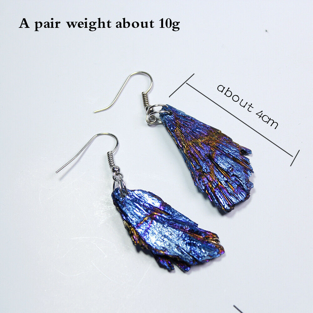 Pair Natural Titanium Rainbow Quartz Earrings Irregular Broom Shape Dangle Hoop