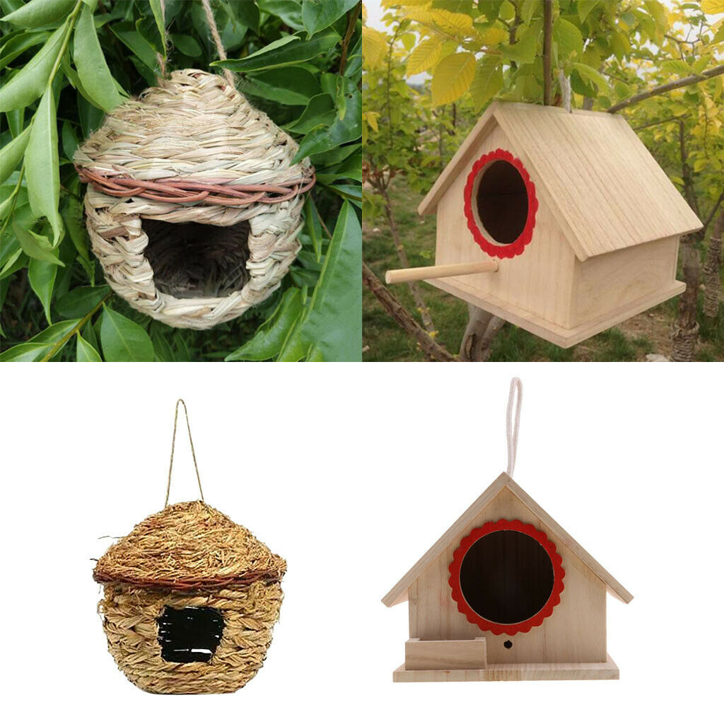 2pcs Handmade Woven Straw Bird Nest Cage Small House Shaped for Parrot Budgie