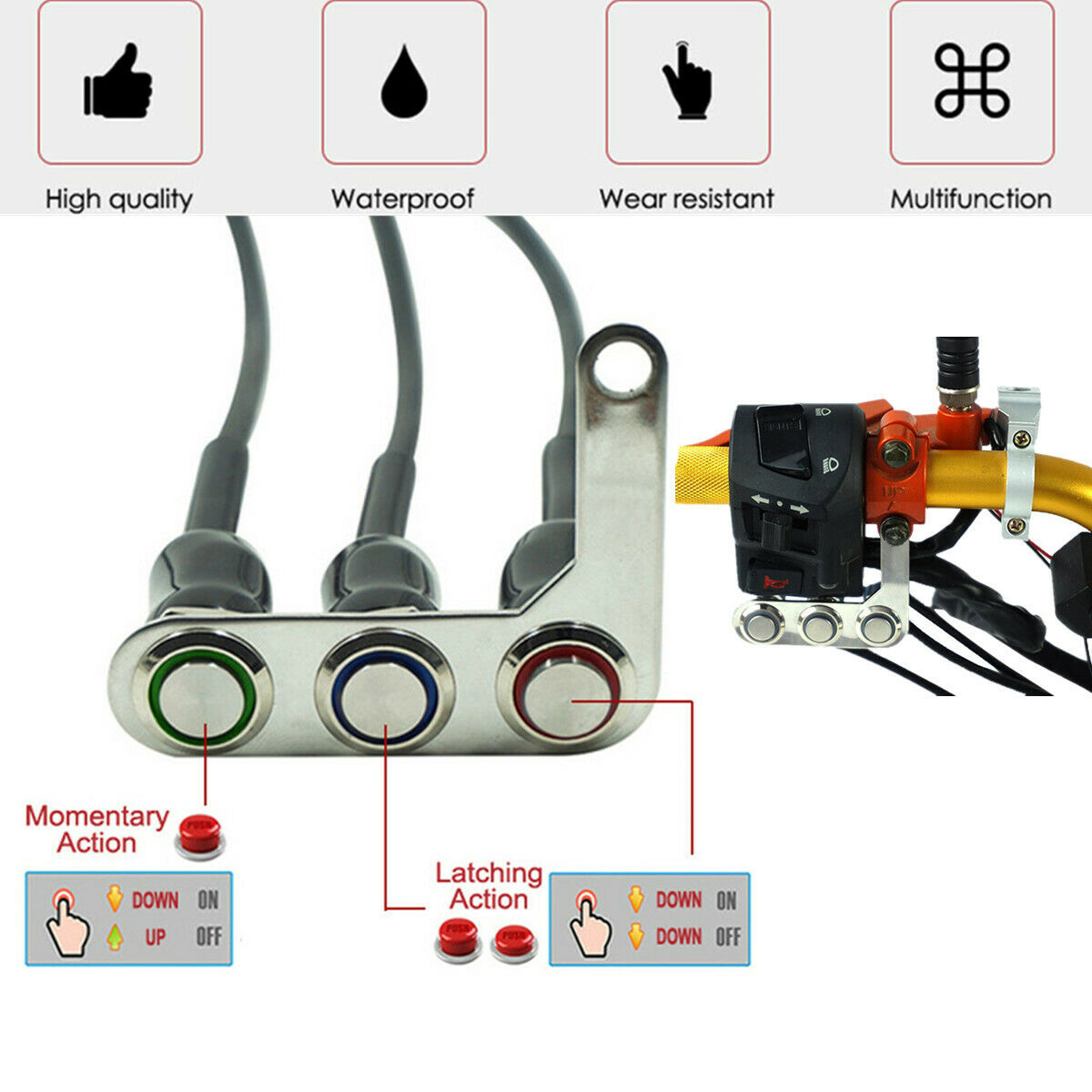 DC 12V 3 Button Motorcycle Right Side ON-OFF Momentary & Latching Action Switch