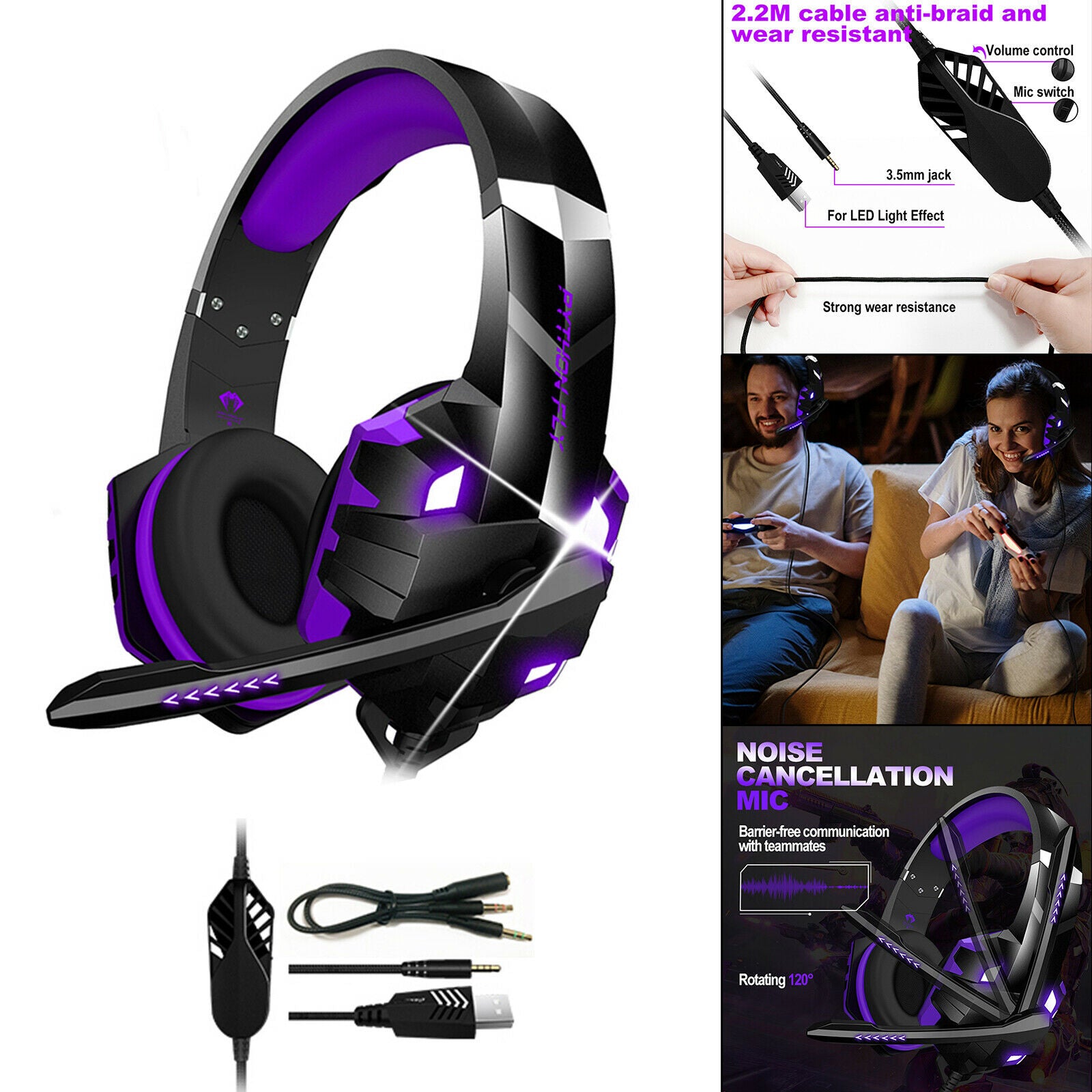 Gaming Headset Over Ear Earphone w/ 120 degree Noise Isolation Mic for PS4