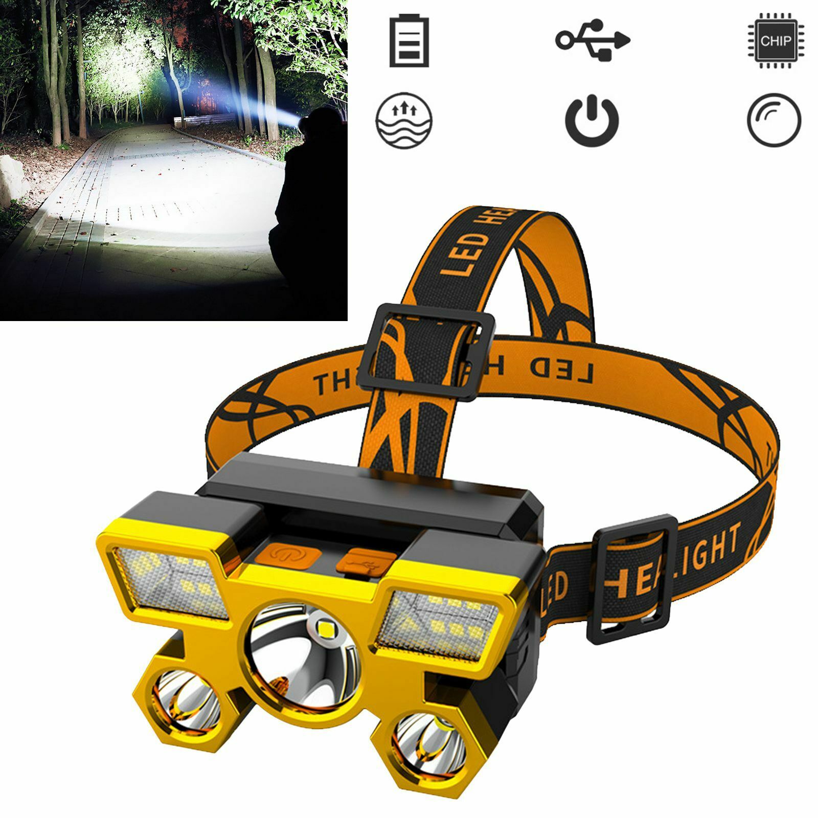 Super Bright Waterproof Head Torch Headlight LED USB Rechargeable Work Headlamp