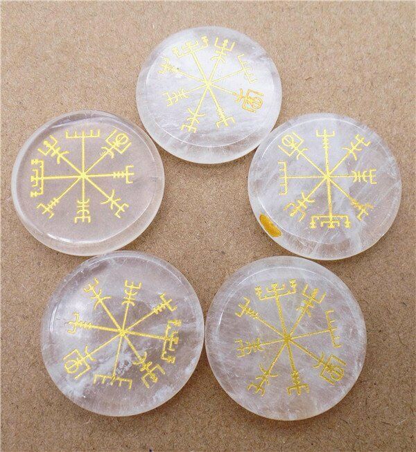 5Pcs 25x6mm Natural White Crystal 7 Chakra Symbol Healing Reiki Stone Set HH7700