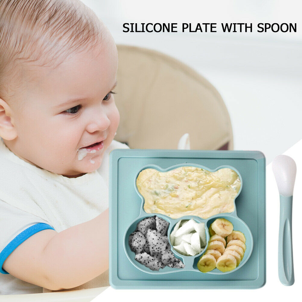 Bear Shaped Baby Plate Spoon Set Suction Anti-Hot Feeding Food Tableware @