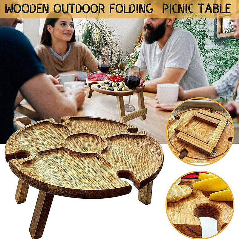 Wooden Outdoor Folding Picnic Table Round Table Wine Glass Holder Garden Pa FT
