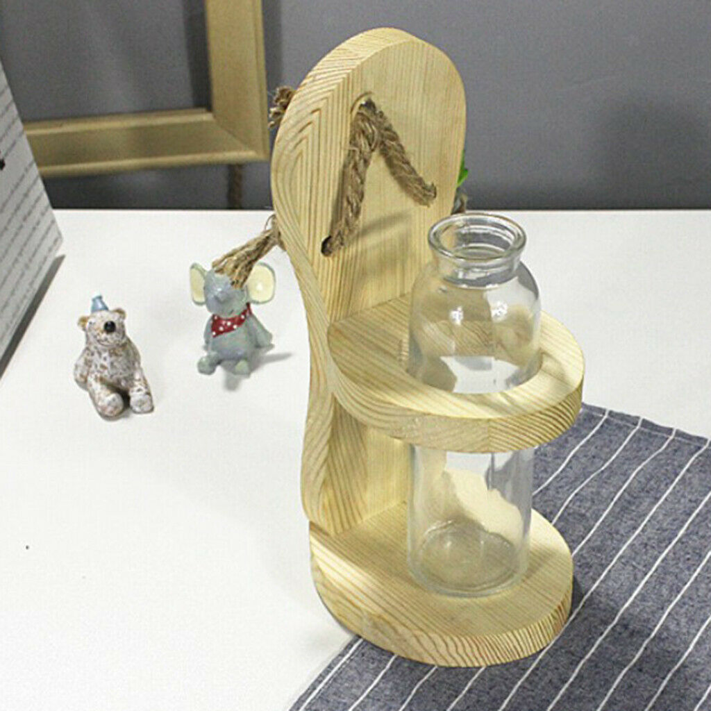 Hydroponic Plants Glass Flower Vase Hanging Planter w/ Wooden Container Home
