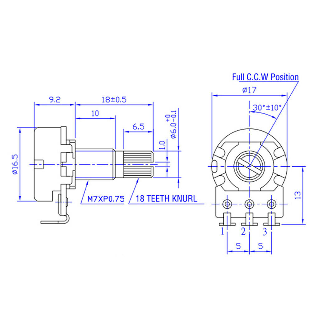Guitar potentiometer, 17mm diameter body, 18mm shaft,  , Tone or Volume