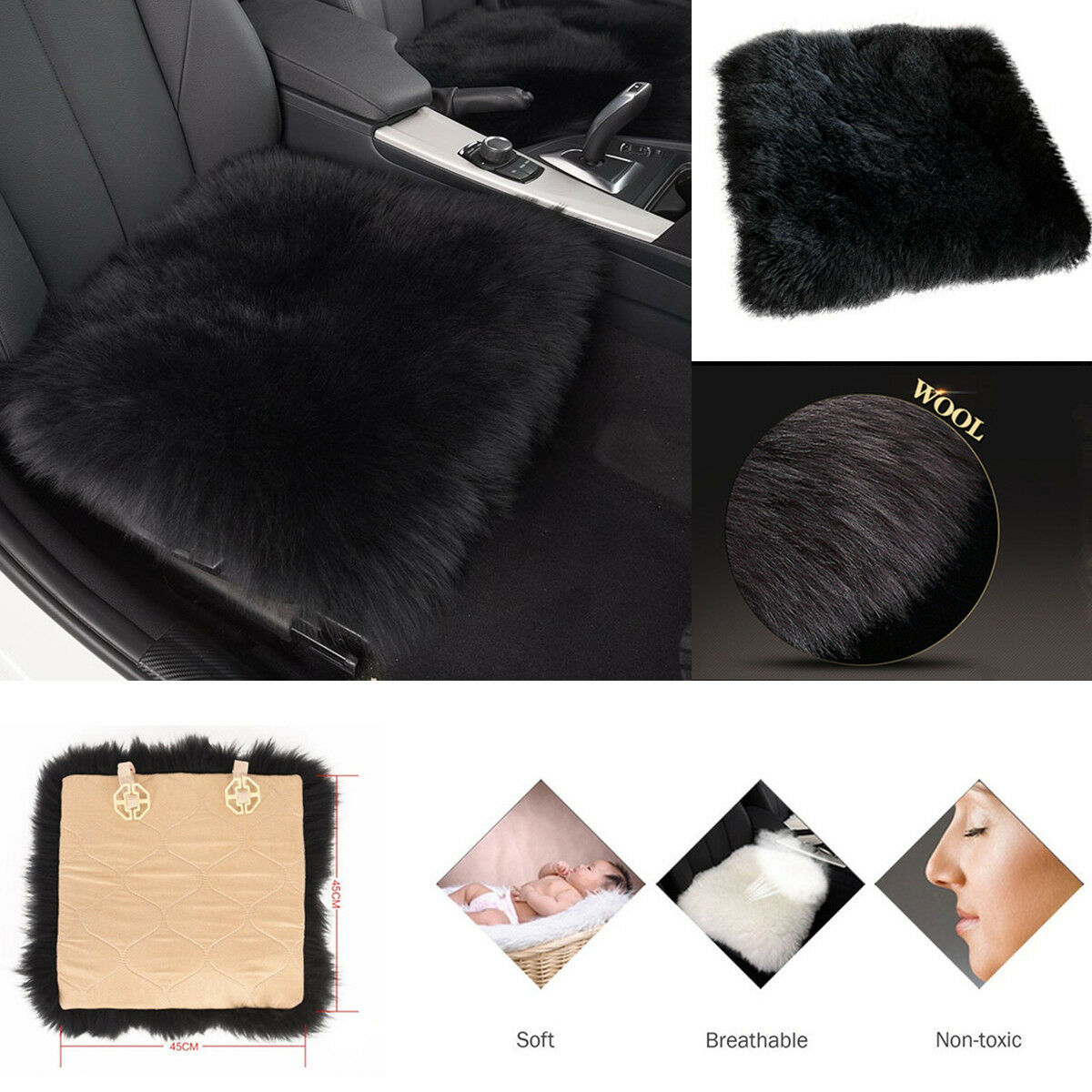 1 Black 100% Sheepskin Long Wool Car Van Seat Cover Chair Cushion Pad Breathable