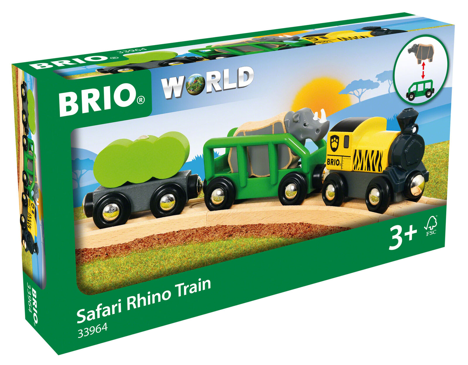 33964 BRIO WORLD Safari Rhino Train Wooden Plastic Magnetic Railway Children 3+
