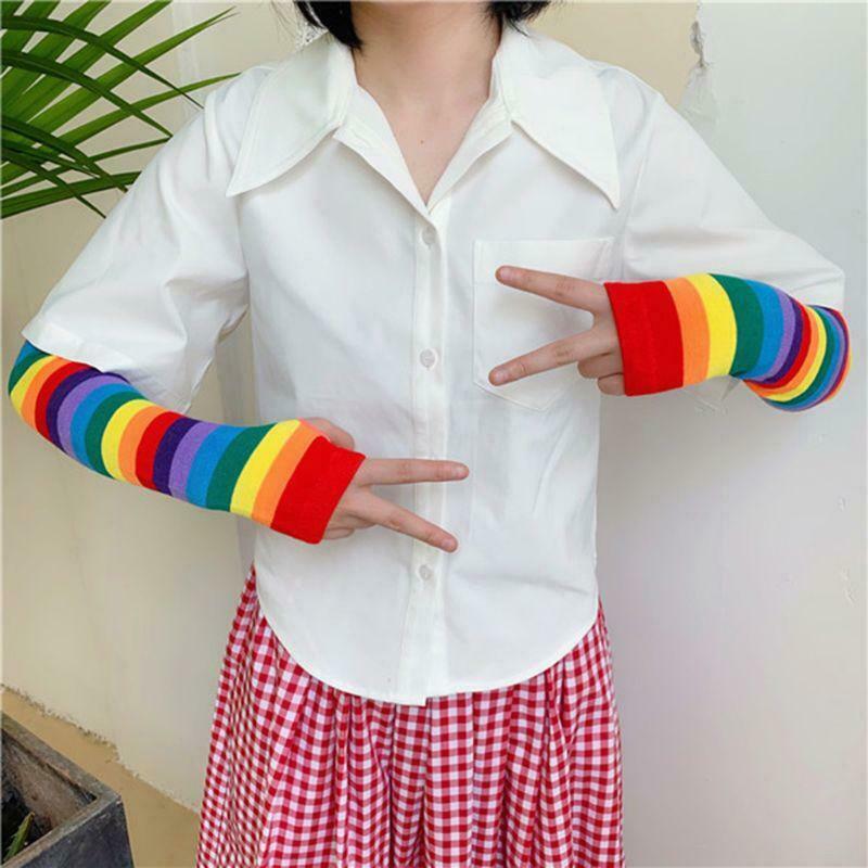 Women Girl Harajuku Elbow Length Fingerless Arm Sleeve Warmer Rainbow Colored