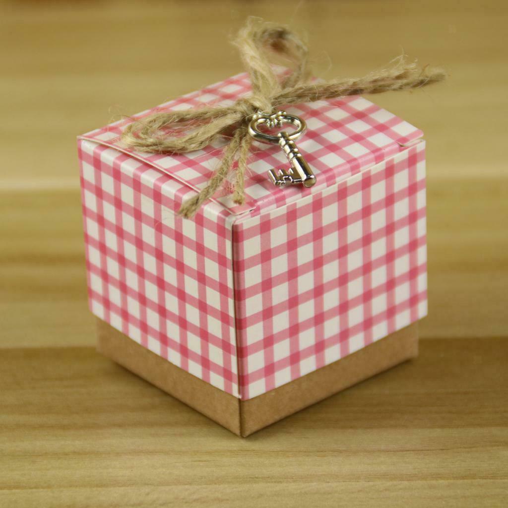 50Pcs Square Cube Pink Box With Lid Wedding Bridal Baby Shower Party Gifts