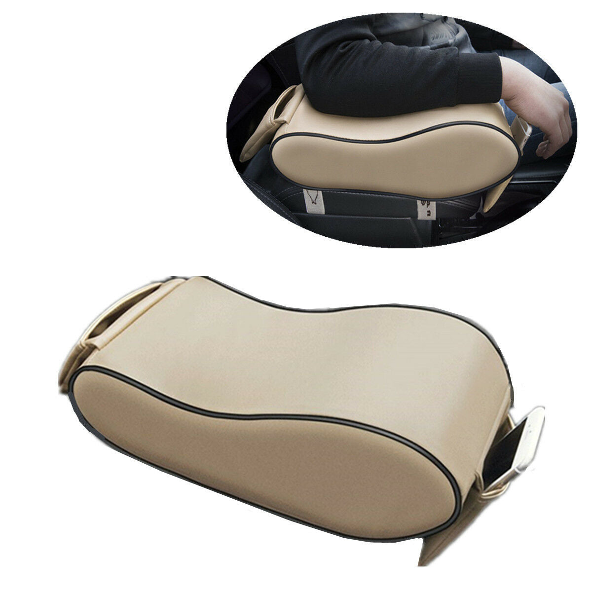 1 Pcs Anti-scratch Leather Beige Car Armrests Cushion Front &Rear Storage Pocket