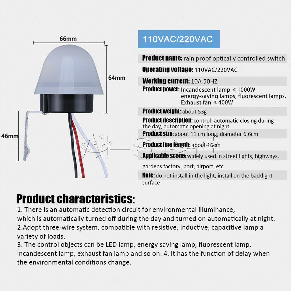 AS-20 AC 10A 220V Light Control Switch Rainproof Automatic Sensor 50Hz/ 60Hz