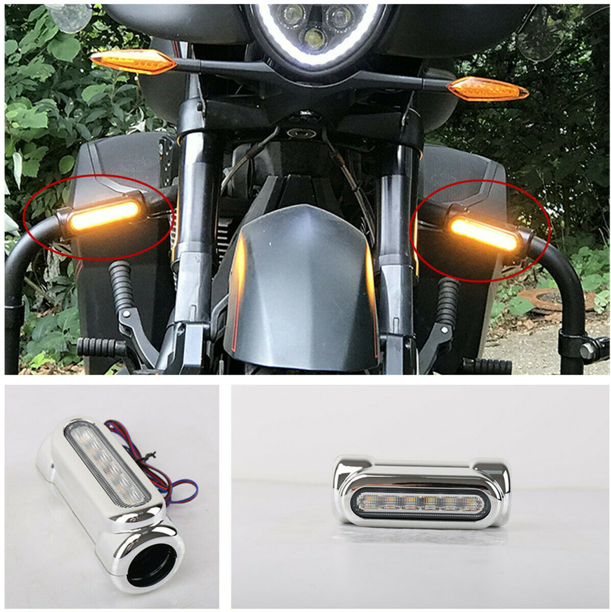 2x Chrome Motorcycle Crash Bar White LED Driving Light Amber Turn Signal Light