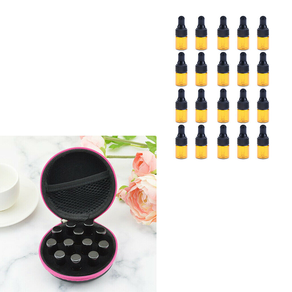 20pcs Refillable Empty Glass Dropper Bottle with 1ml Carrying Case Essential Oil
