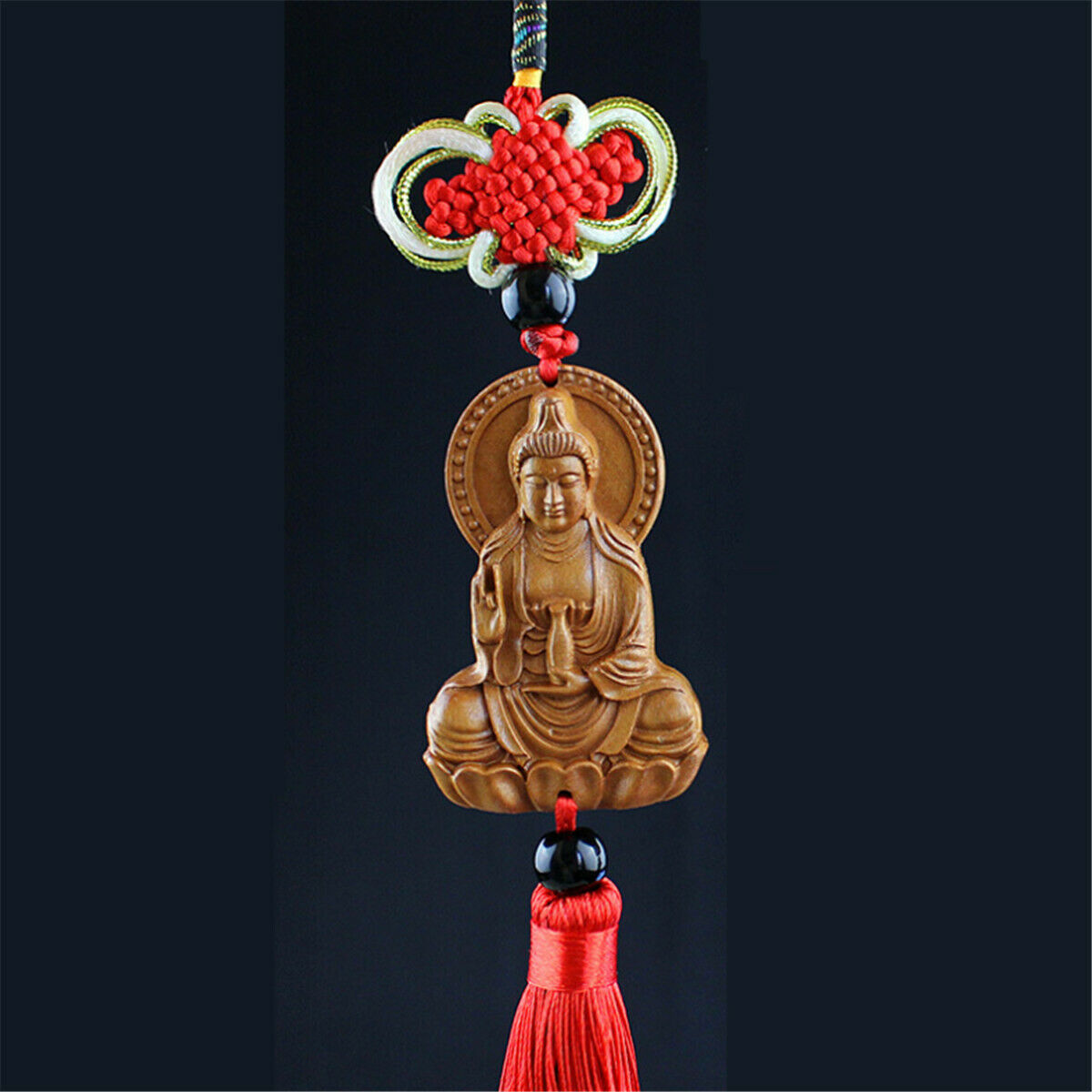 1PC Car Pendant Wood Carving Chinese Buddhism Guan Kwan Yin Buddha Statue Amulet