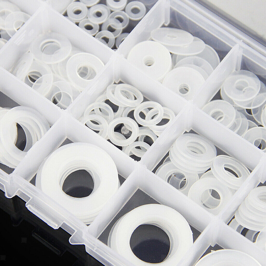 250Pcs White Nylon Washer Flat Washer Gasket Ring Seals Kit w/ Storage Box