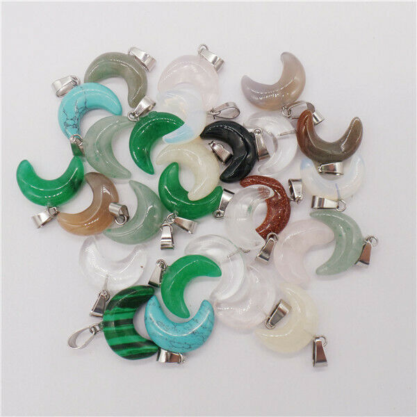 15Pcs 20x15x7mm Multicolor Mixed Stone Crescent Moon Pendant Bead DIY HH9546