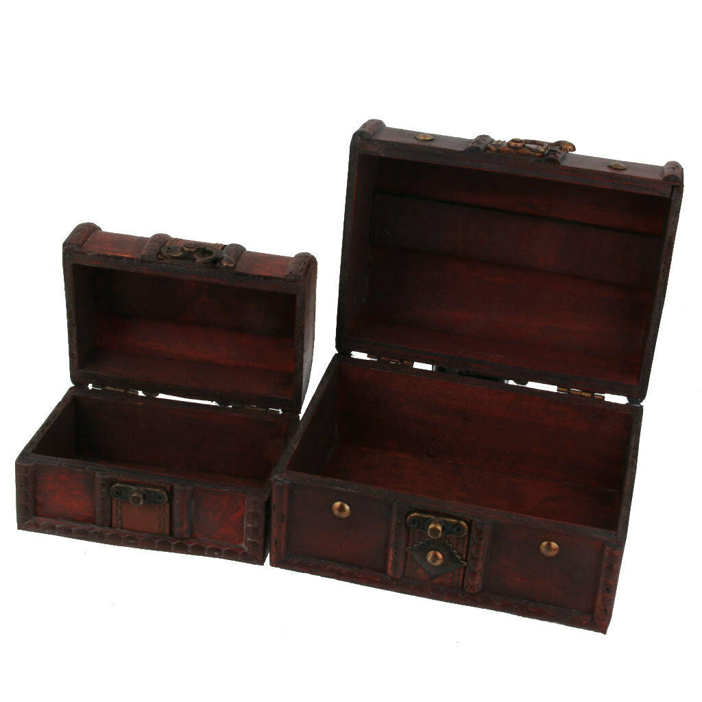 2pcs/Set Retro Wooden Lock Treasure Chests Jewelry Storage Box Showcase