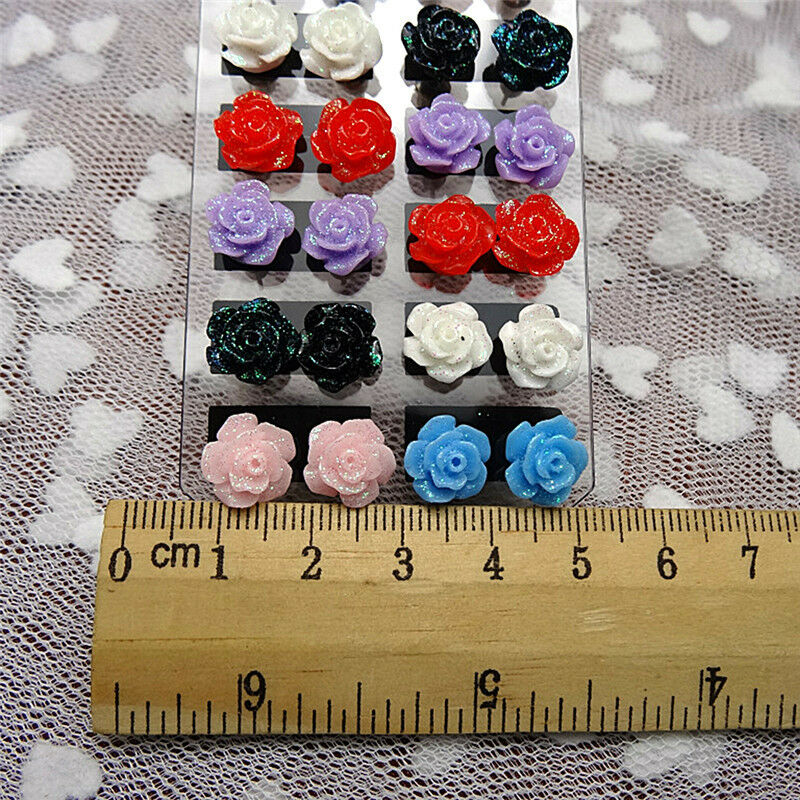 12 Pairs Rose Stud Earrings Mixed Color Flower Earrings Wholesale Jewelry .l8