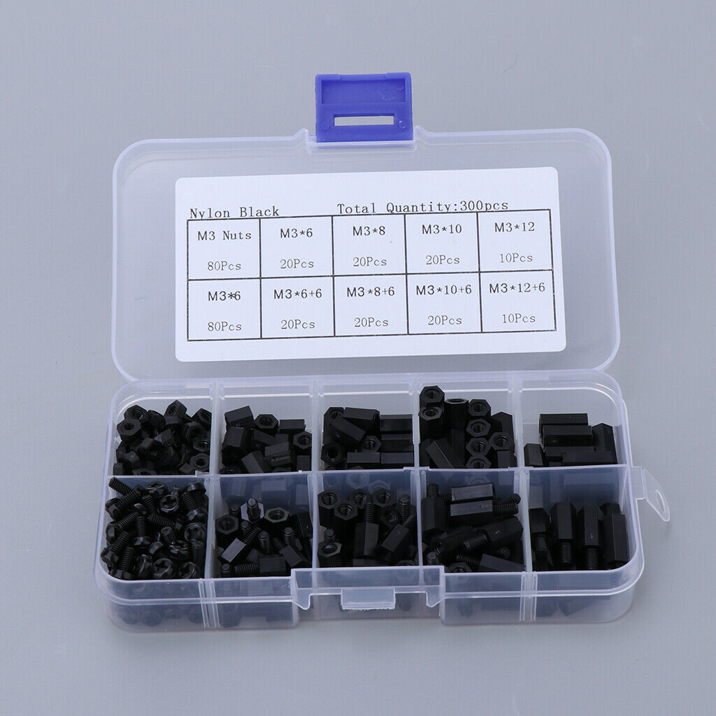 300 pcs M3 Nylon Hex Nuts Spacers Screws Stand-off Accessories Kit Black