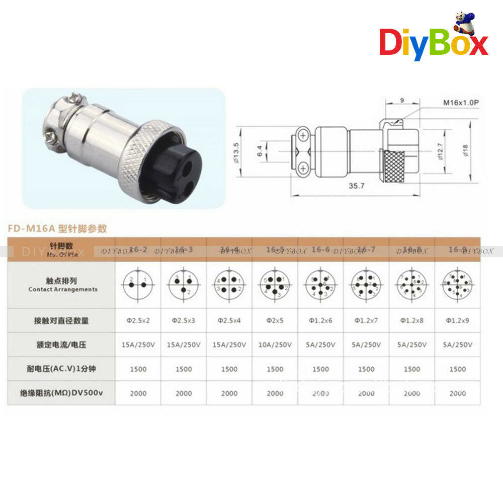 Aviation Plug 2-Pin 16mm GX16-2 Male and Female Panel Metal Connector