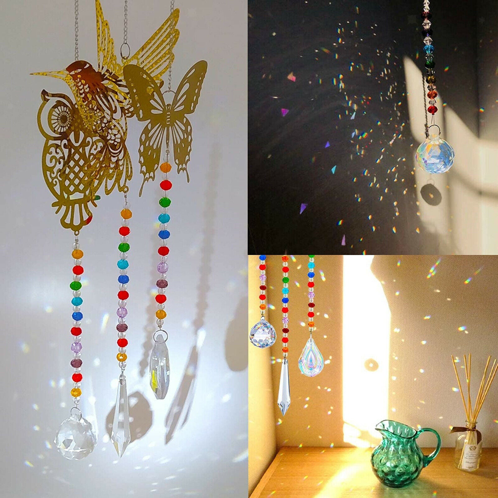 3Pcs Crystal Suncatcher Faceted Ball Owl Rainbow Maker Feng Shui Decor