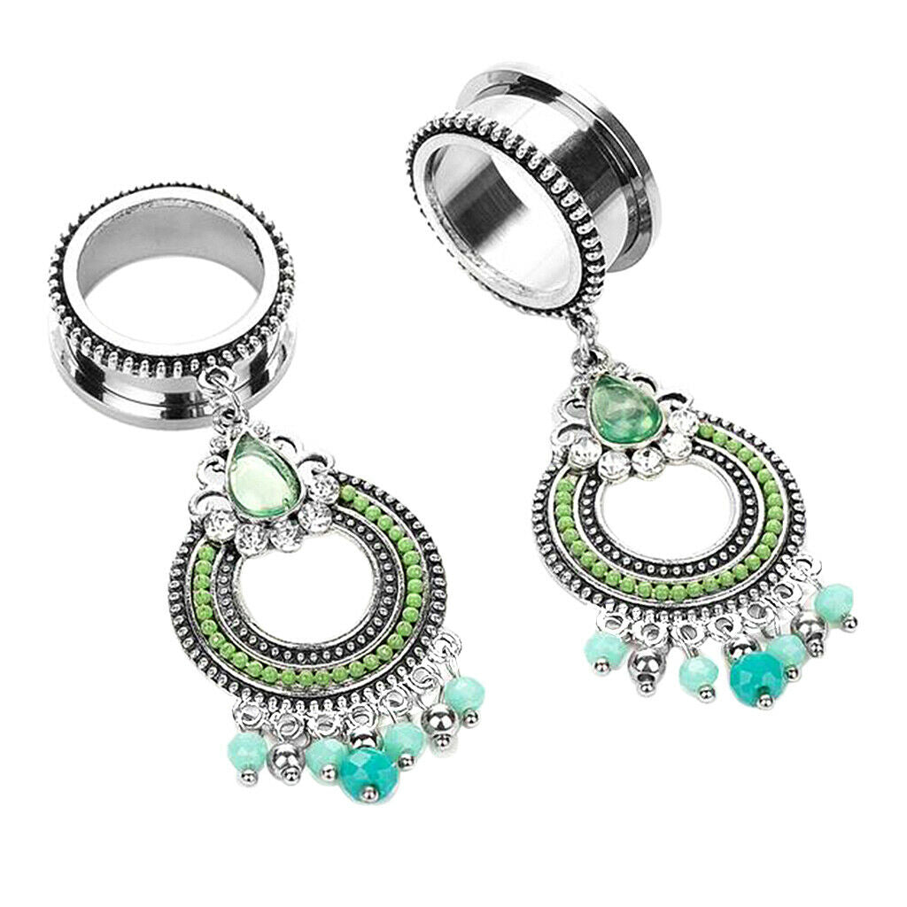 316L Stainless Steel  Ear Tunnels Gauge Crystal Beads Dangle Ear Plugs 16mm