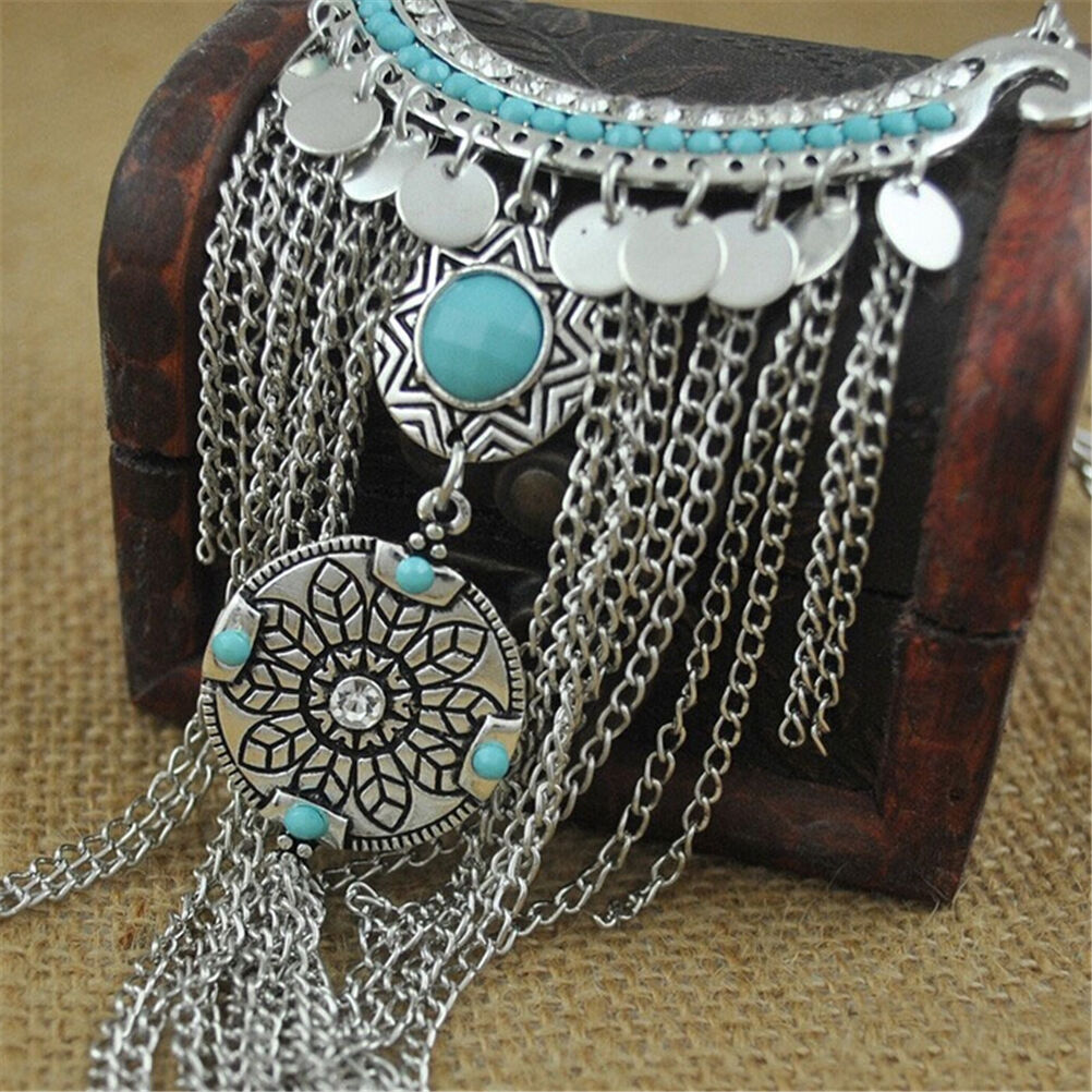 Retro Bohemian Gypsy Style Turquoise Tassel  Chain Choker Pendant Necklace B Tt