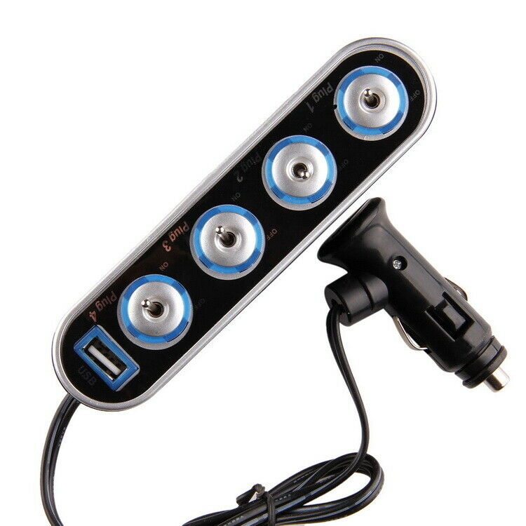 Black 4Way Sockets Cigarette Lighter USB Charger Splitter 12V Power Adapter Car