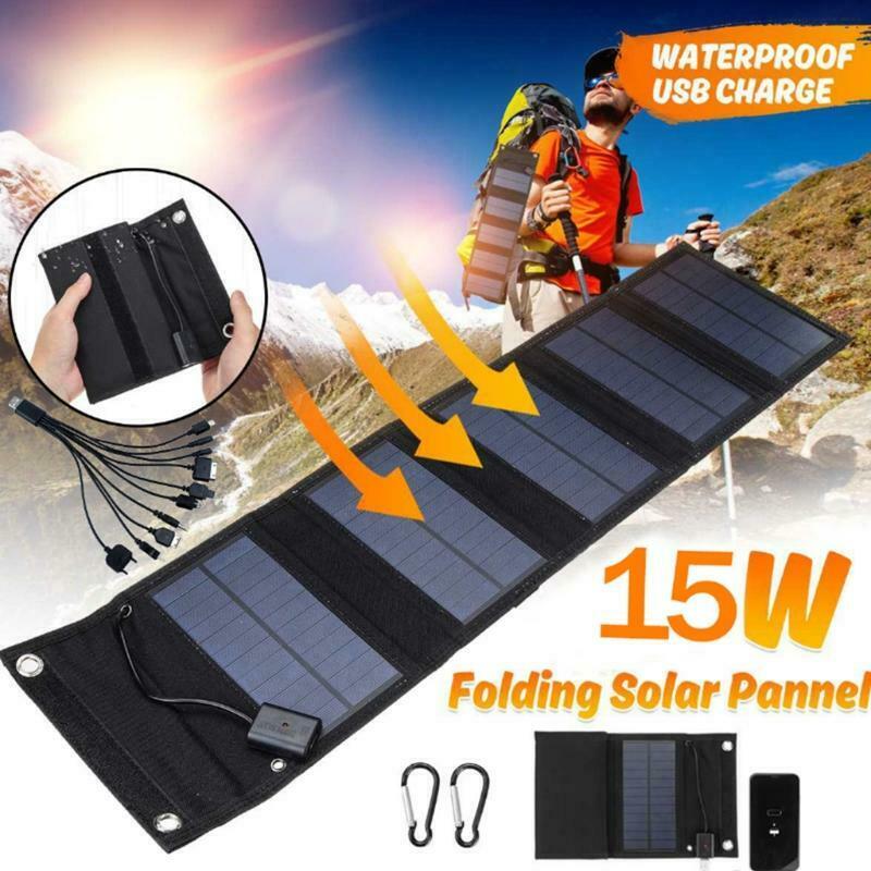 Foldable 15W Solar Panel 10 in 1 USB Solar Cell Waterproof Charger Power Bank