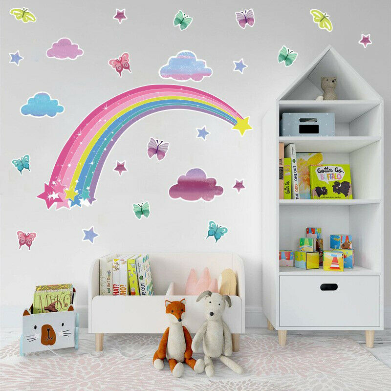 Pretty Shining Stars On Rainbow Cloud Butterflies Wall stickers Room Art .l8
