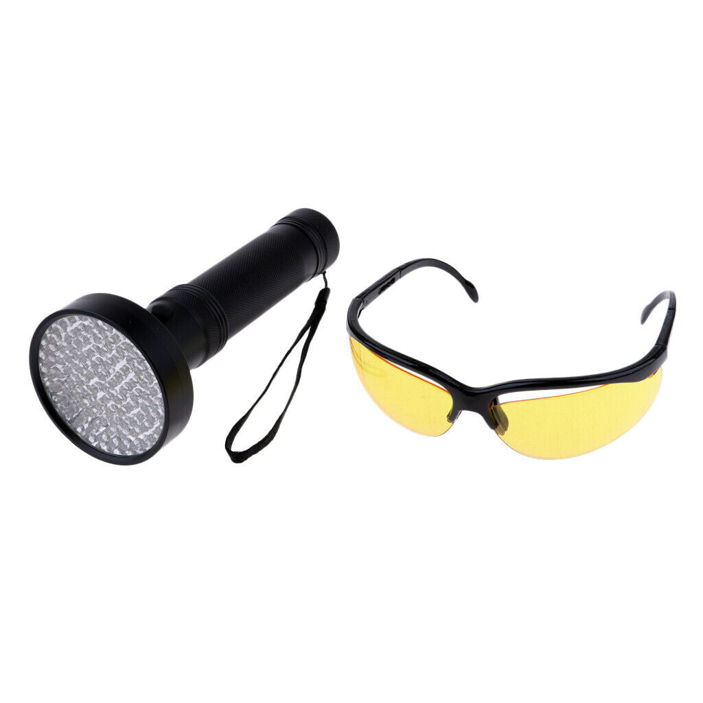 100LED UV Blacklight Flashlight Currency Detector w/ Goggle Outdoors 395nm