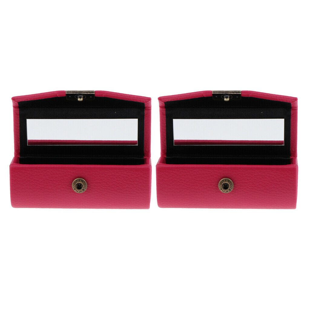 2 Pcs Leather Lipstick Case Holder Storage Box mirror Purse Pocket Rose Red