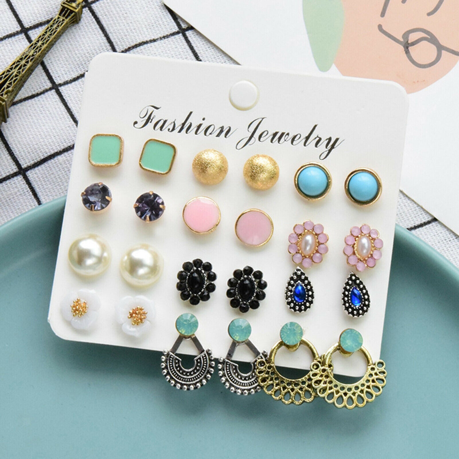 12 Pairs Earrings Ear Cuff Glass Rhinestone Set for Women Jewel Easy Wear