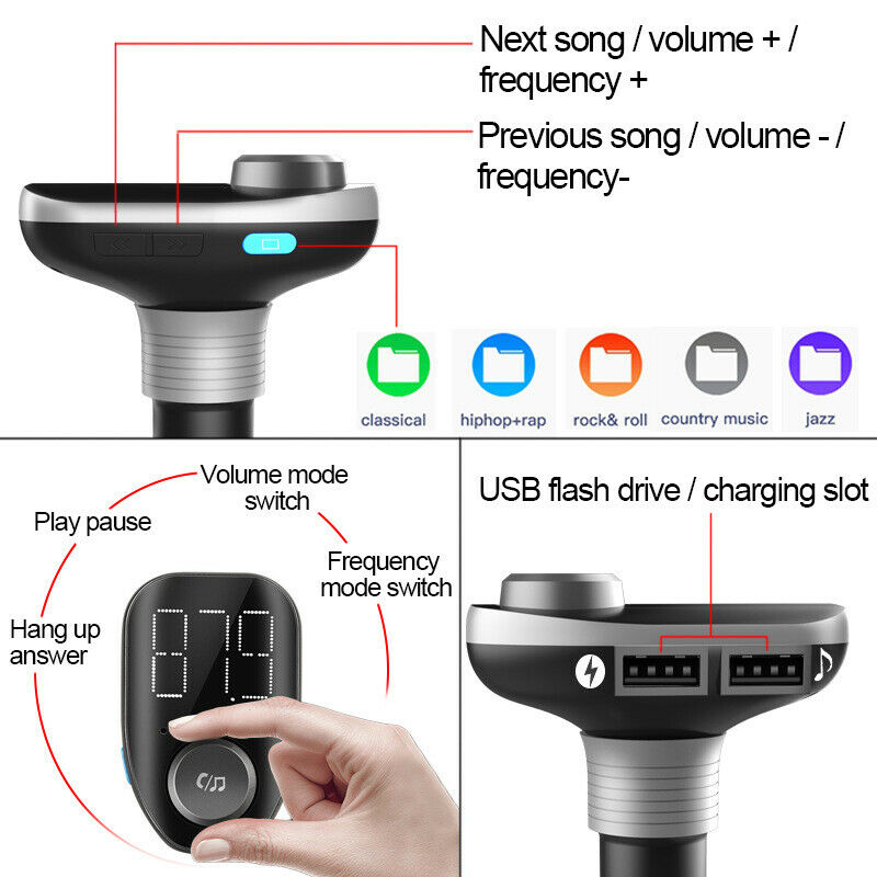 9V-28V Car Bluetooth MP3 Hands-free Player FM Transmitter EQ Bass QC3.0 Charger