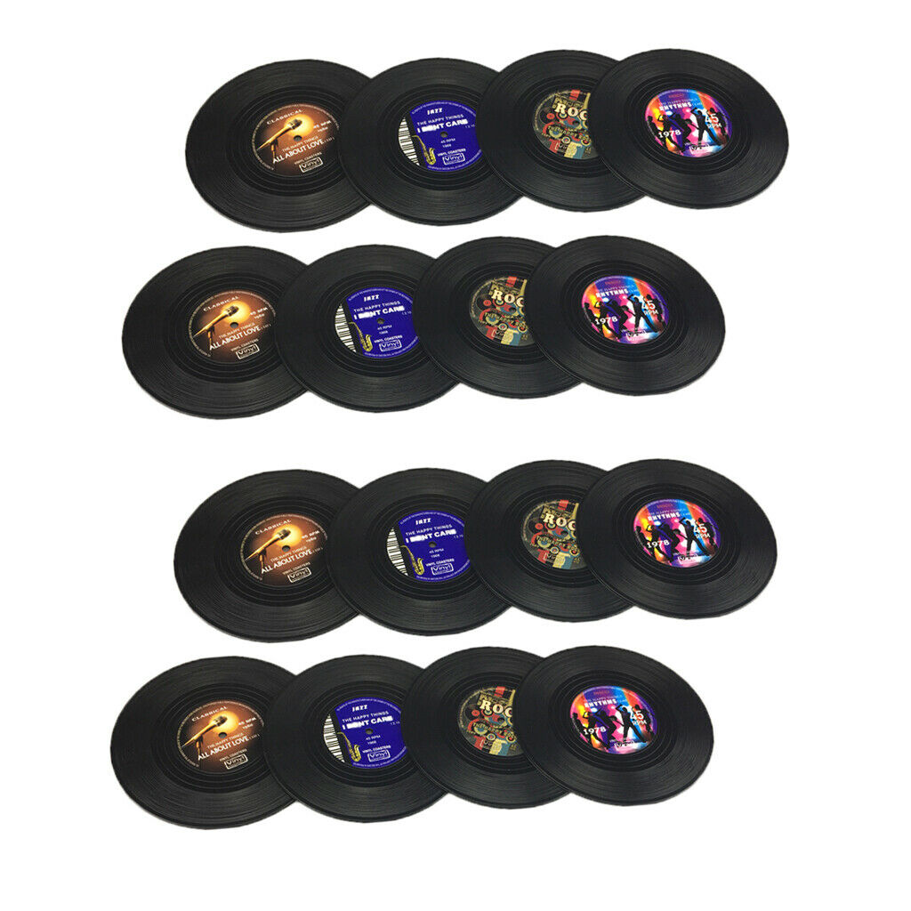 Set of 16, Drink Cup Mat Silicone Coaster Black Vinyl Record 10cm Gift