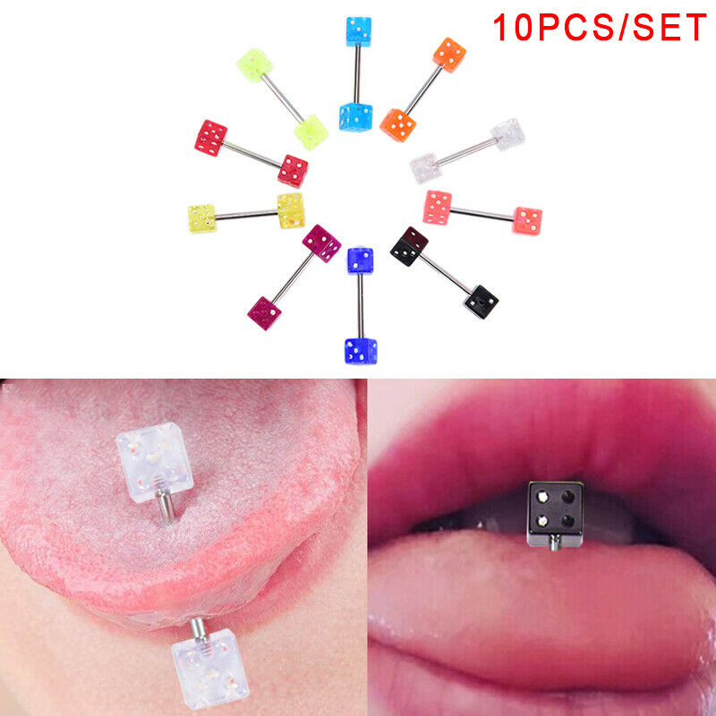 10Pcs/t Stainless Steel Mixed Dice Barbell Tongue Ring Studs Body PiercinYXDD