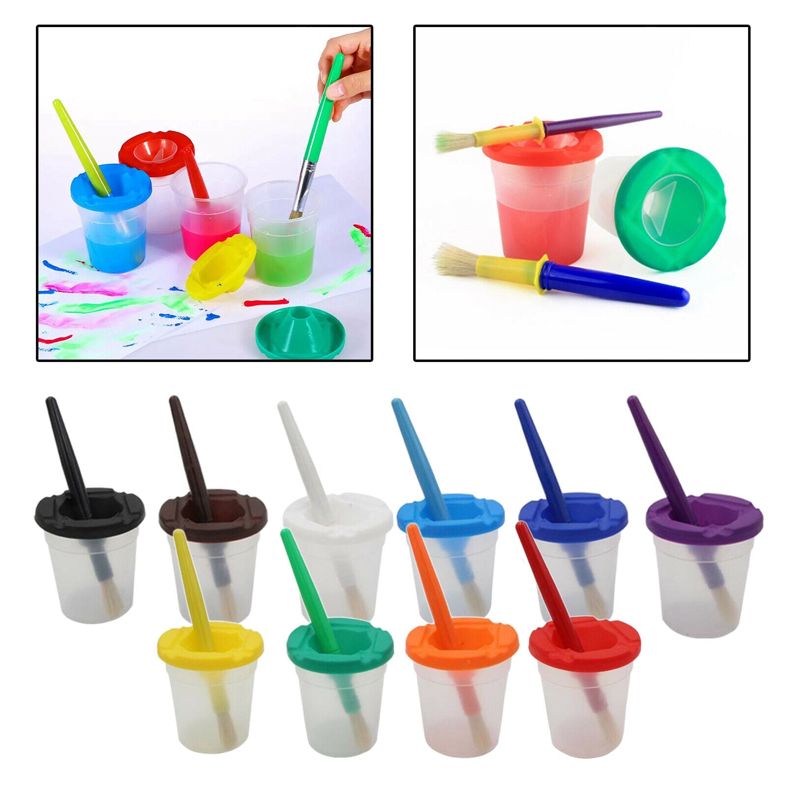 10 Pack No Spill Paint Cups Set with Brushes - Spill Proof Paint Cups with Lids,