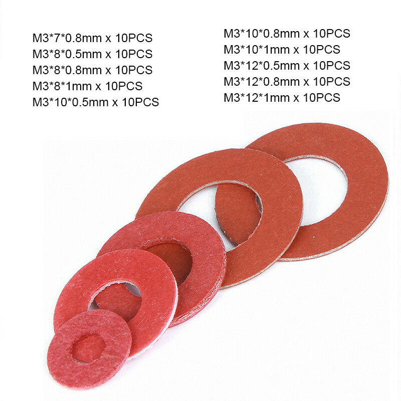 100pcs M3 OD 7-12mm Red Insulating Fiber Fibre Flat Washers Sealing Gaskets Kit