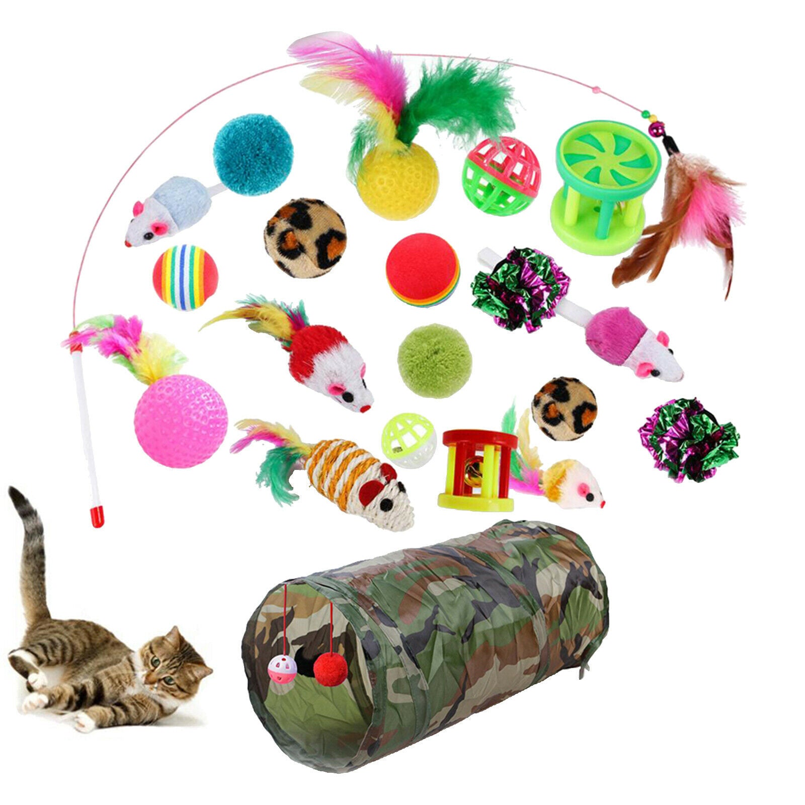 21Pcs/Set Kitten Cat Toys Balls Collapsible Tunnel Wand Stick Fluffy Mice