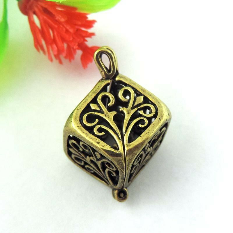 3 pcs Retro Bronze Hollow Floral Cube Charm Brass Locket Pendant DIY 25*13*13mm