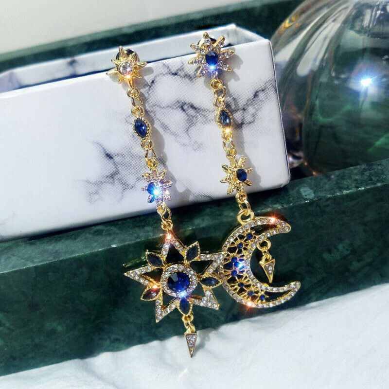 Women Retro Blue CrystalStar Moon Drop Dangle Earrings Charm Ear Stud Jew.l8
