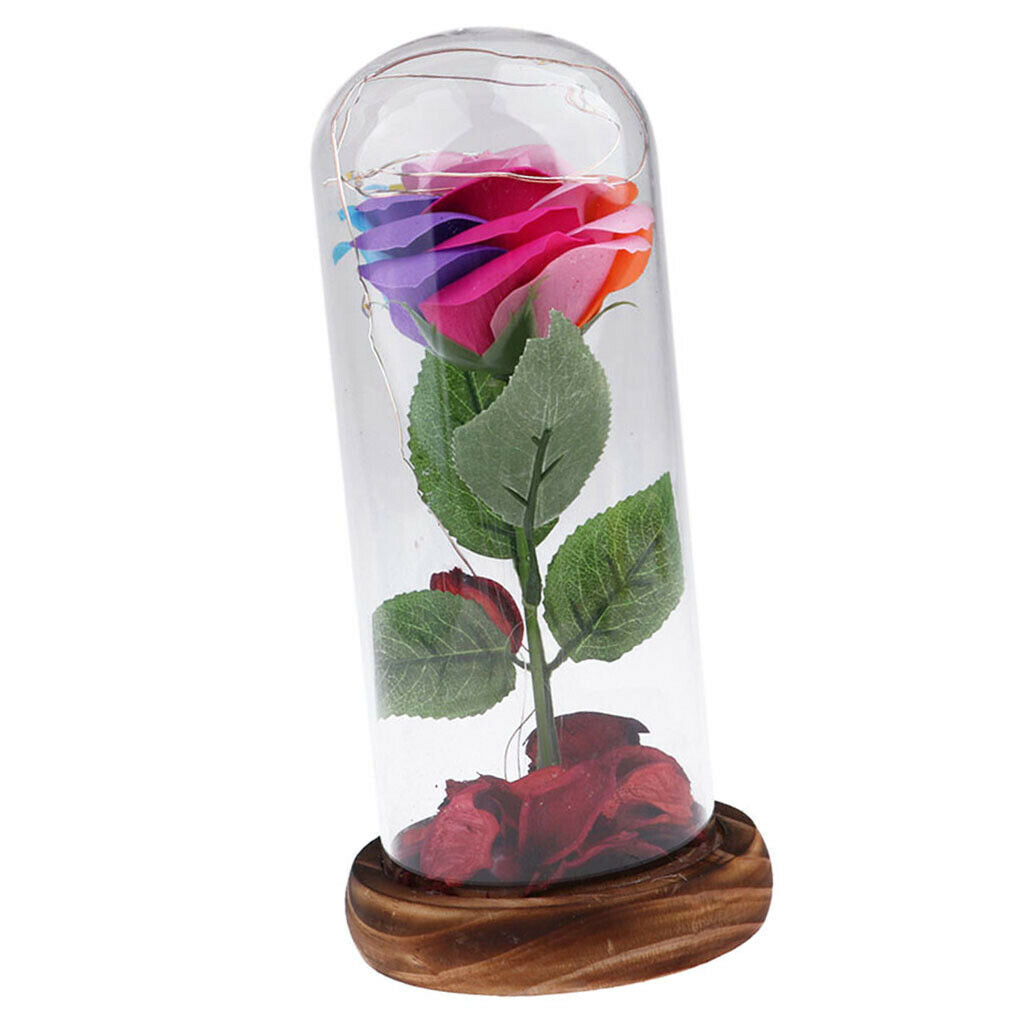 Flower and LED Light in Glass Dome on a Wooden Base Valentine Gift  A