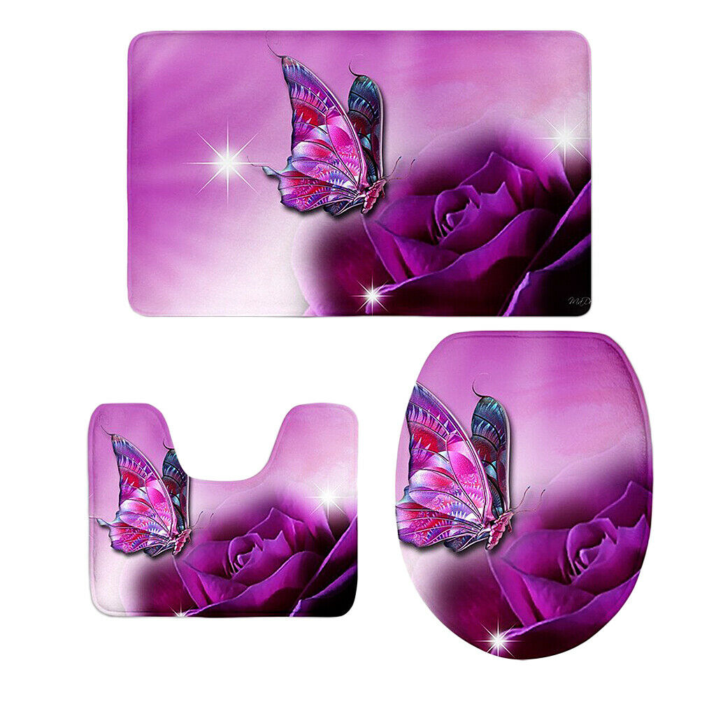 3 Piece Butterfly Toilet Covers Set Flannel Mats Bathroom Rug P1437CP
