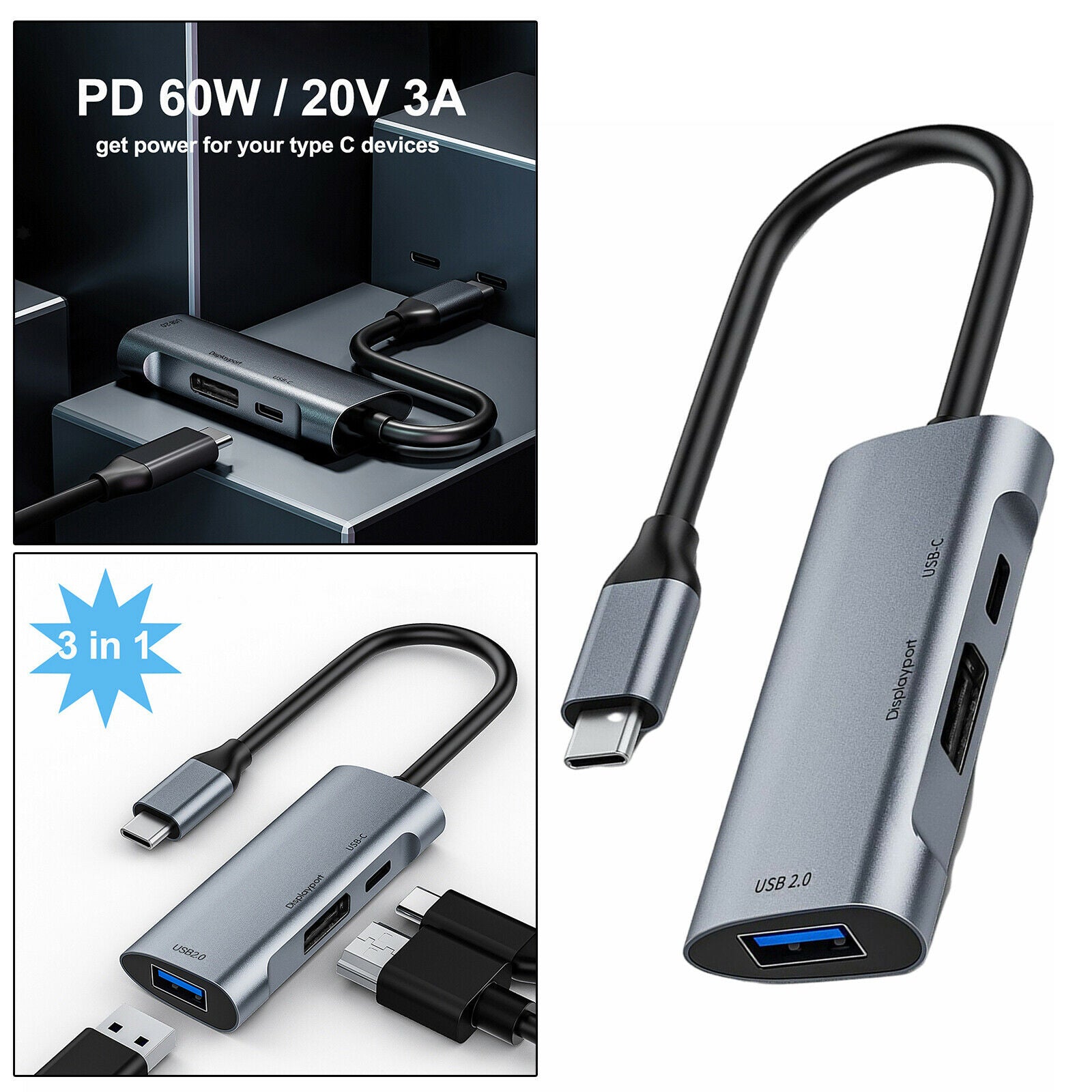 USB C to Display Adapter 480Mbps 60W PD Charger for MacBook Pro Smartphones