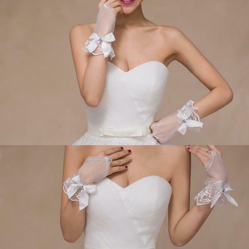 Wedding Fingerless Bridal Short Gloves Lace Floral Heart Rhinestone Bowknot Soft